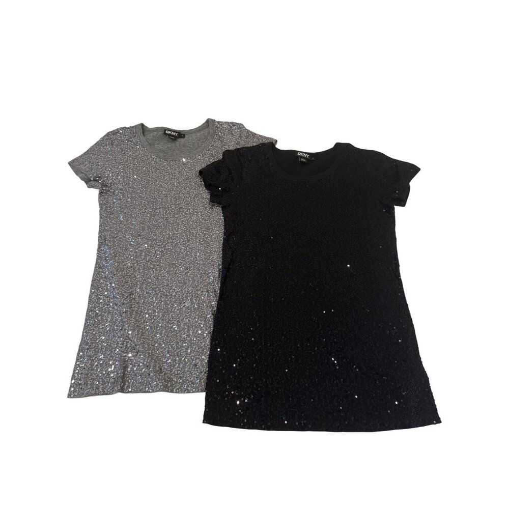 DKNY Womens Sequins Gray & Black Scoop Neck Short Sleeve T-Shirt Size P 2 pieces